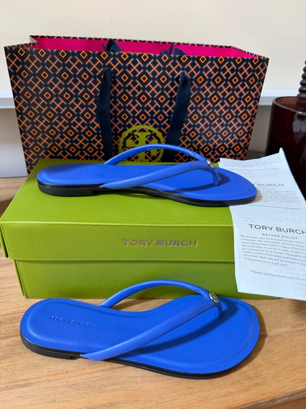 Tory Burch Blue Leather Logo Thong Sandals
